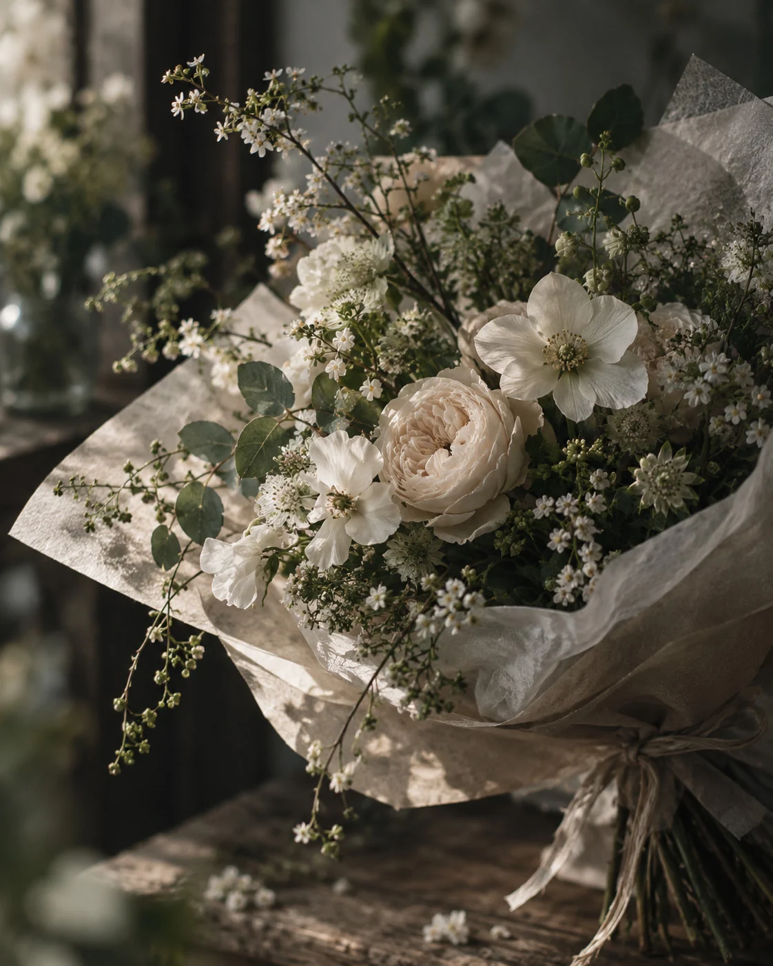 A thoughtfully wrapped bouquet of white garden roses, ready to give