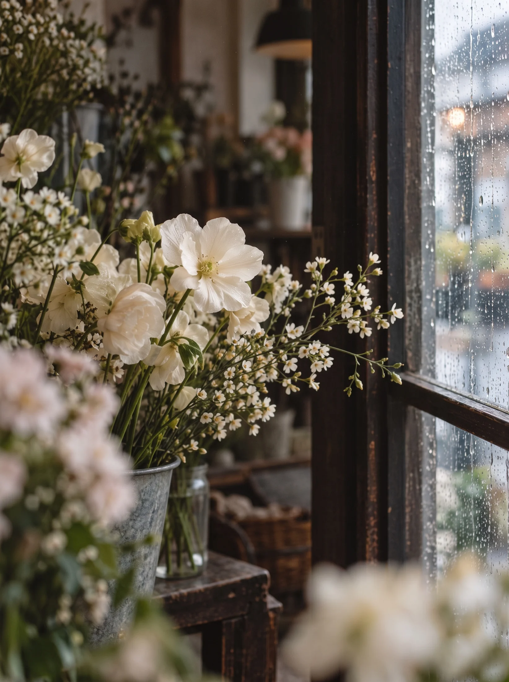 A loose gathering of seasonal white flowers by the shop window