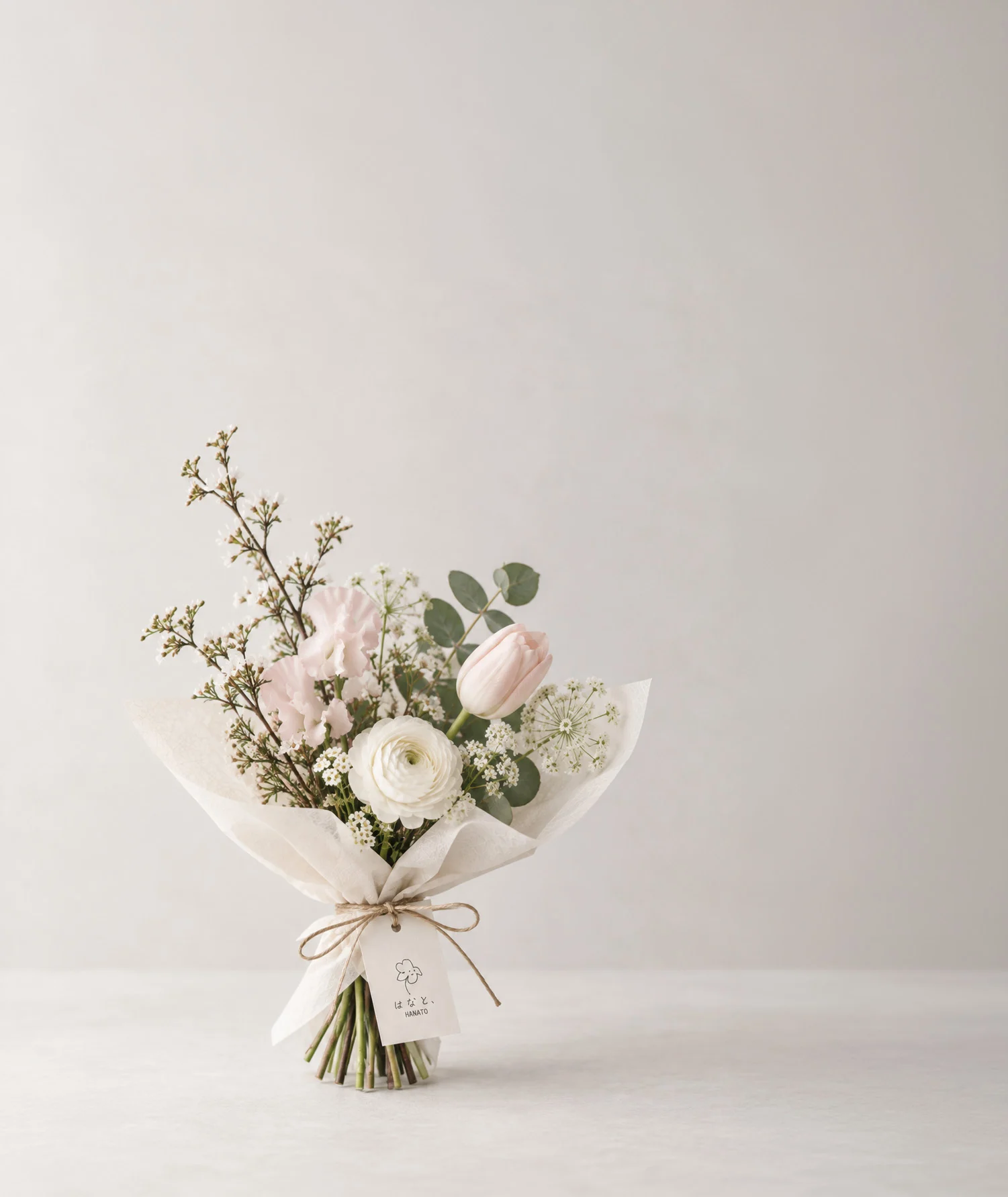 A small bouquet of white blooms and soft pink tulips